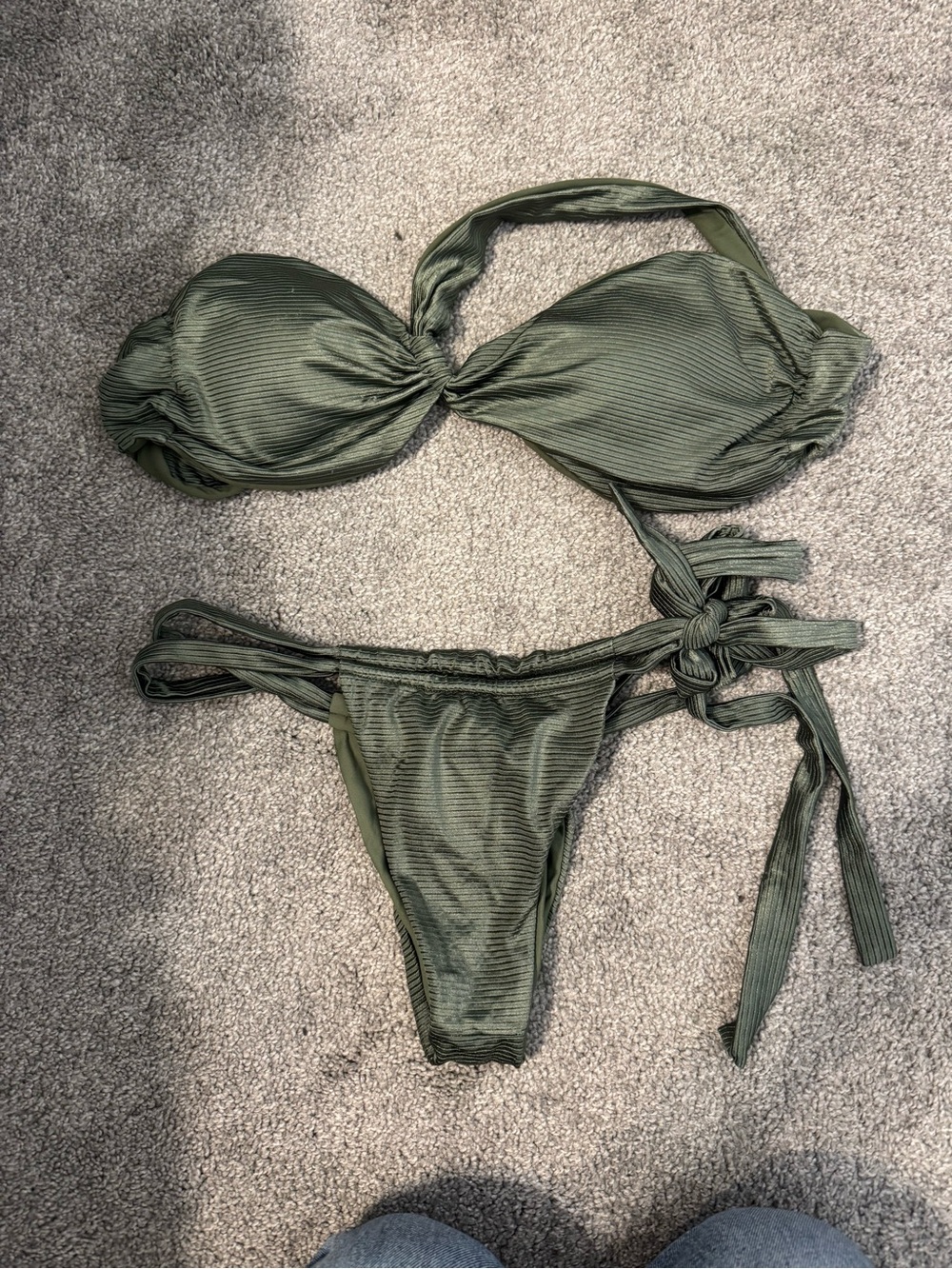 Olive Green Ribbed Tie-Side Bikini Set- NEVER WORN